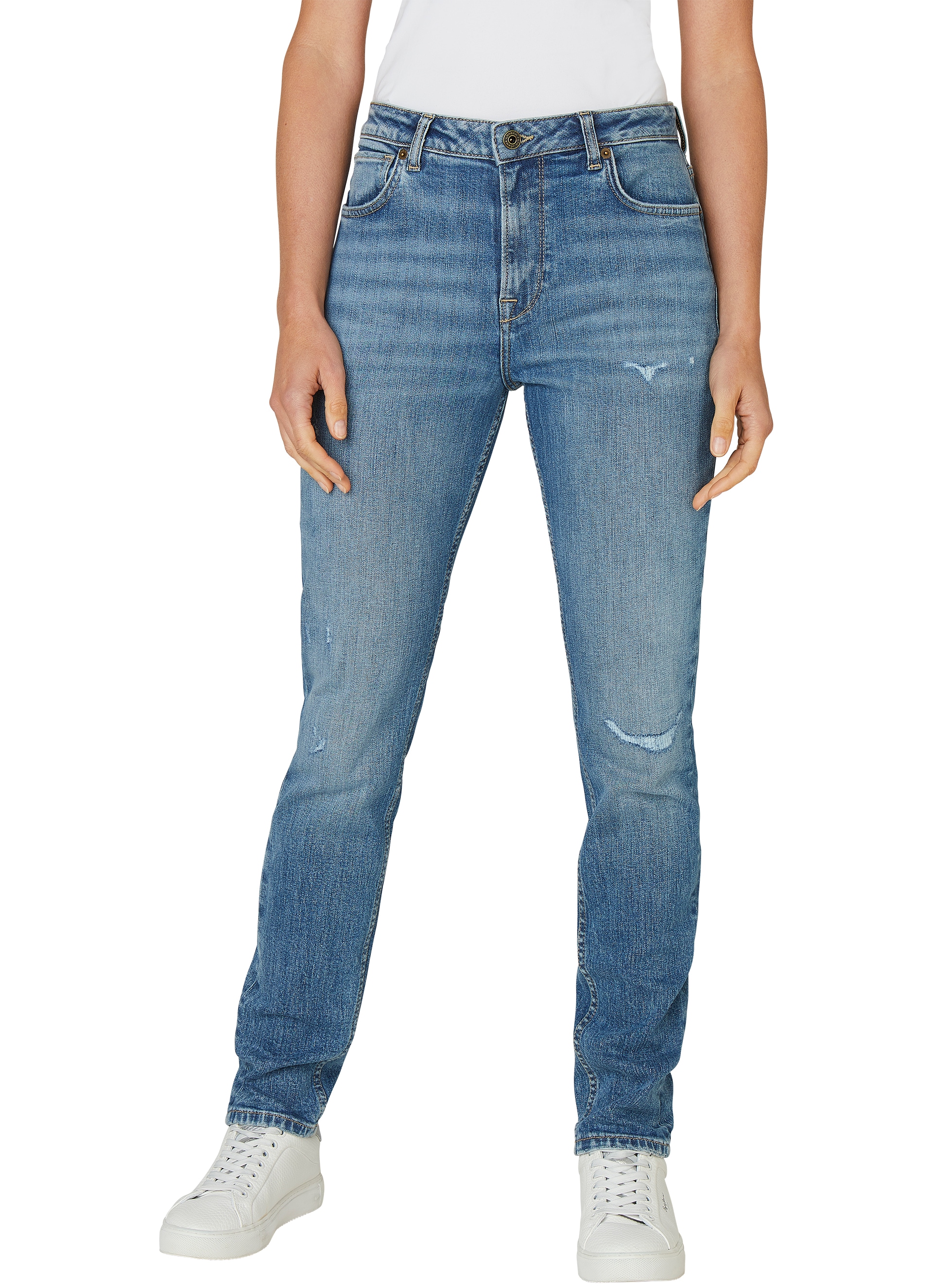 High-waist-Jeans PEPE JEANS "TAPERED JEANS HW", Damen, Gr. 29, Länge 32, light destroyed blau, Denim/Jeans, Obermaterial: 99% Baumwolle, 1% Elasthan, Destroyed-Effekte, gerade, unten schmal lang, Jeans High-Waist-Jeans