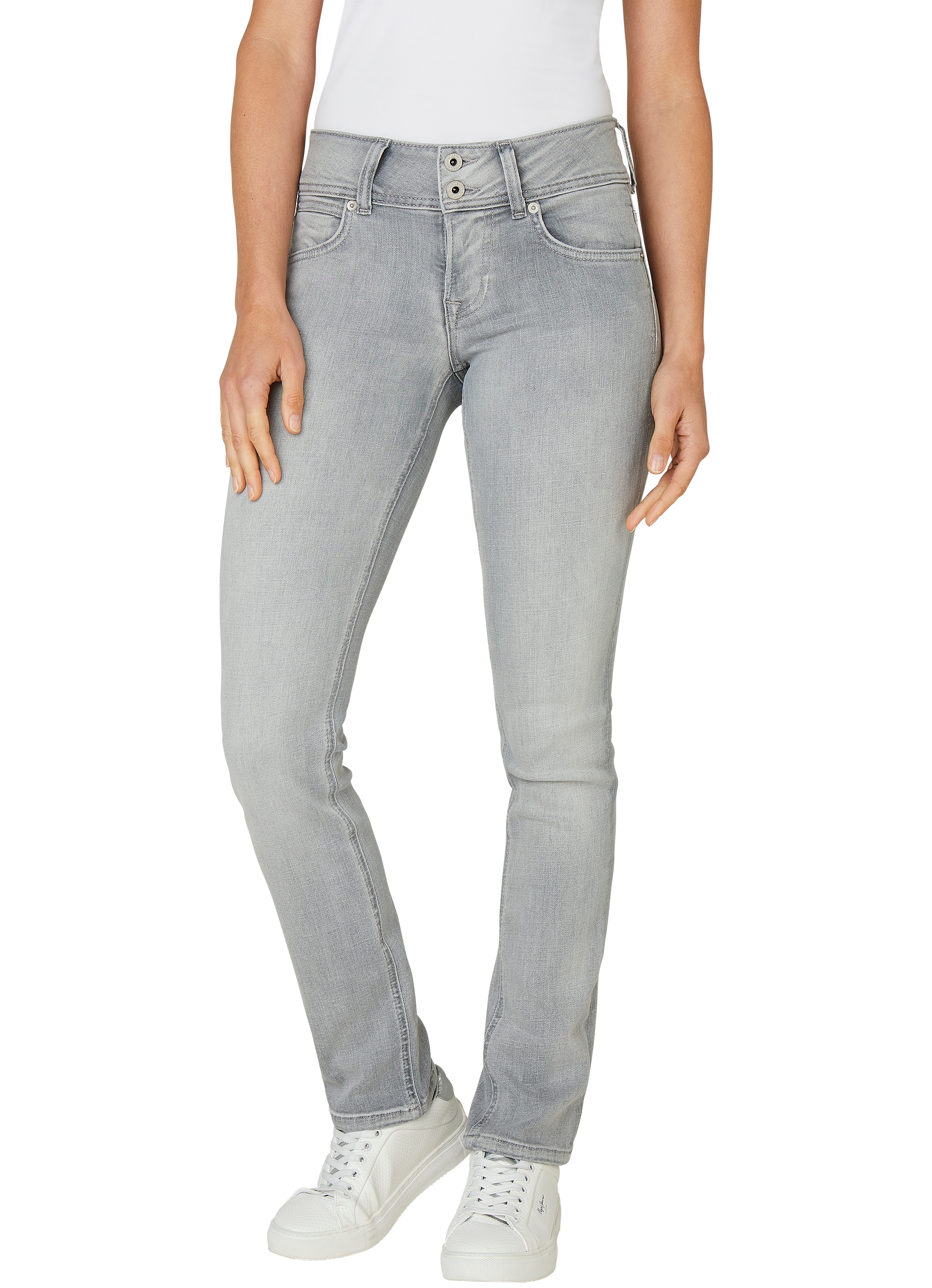 Slim-fit-Jeans PEPE JEANS "SLIM JEANS LW", Damen, Gr. 31, Länge 30, grau (dirty grau used), Denim/Jeans, Obermaterial: 92% Baumwolle, 6% Polyester, 2% Elasthan, slim fit lang, Jeans Slim-fit-Jeans, mit doppeltem Knopfverschluss
