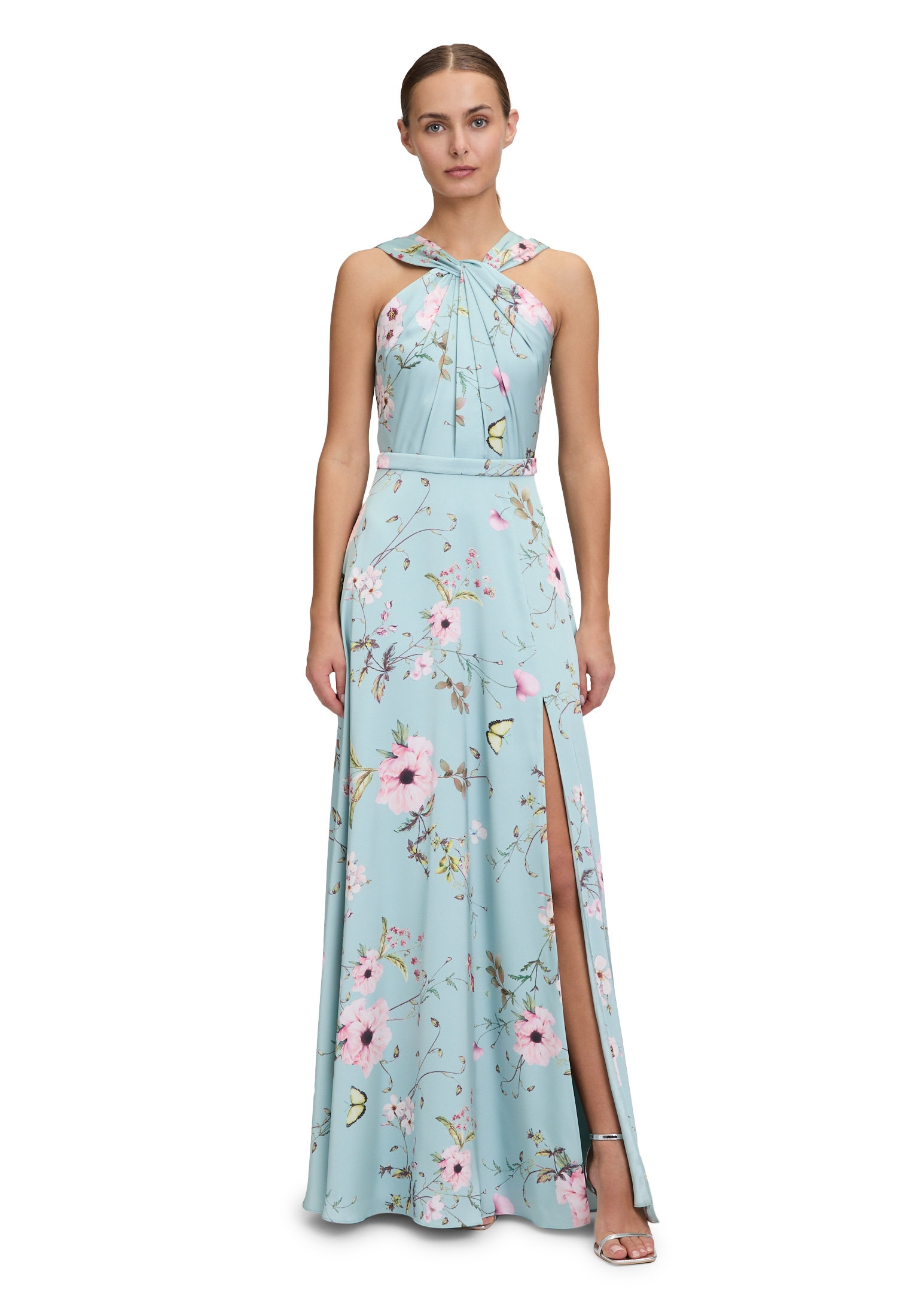 Abendkleid VERA MONT "Damen Abendkleid mit Blumenprint", Damen, Gr. 44, Normalgrößen, bunt (grün, pink), Satin, Obermaterial: 100% Polyester. Futter: 100% Polyester., Basic schmal lang, gekräuselter Ausschnitt, Kleider, Design Image