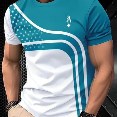 TEMU Men's Casual Crew Neck T-shirt With A Print, Comfortable Polyester Knit Fabric, Stretch, Regular Fit, Summer Short Sleeve Top - 95% Polyester, 5% Spandex, 110g/m² Image