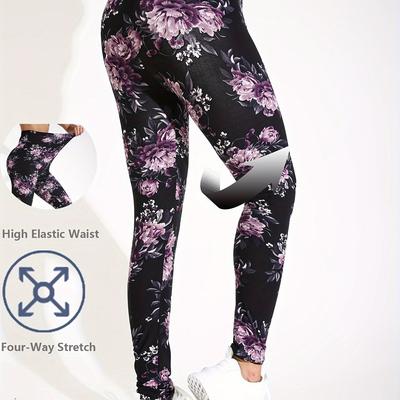 TEMU Women's High-waist Floral Yoga Leggings - Stretchy, Breathable Workout Pants For Fitness & Gym Image