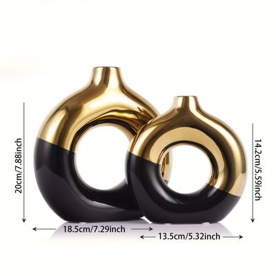 TEMU Elegant Black And Vase Set Of 2 - Ideal For Home Decor, Round Vases For Centerpieces, Living Room, Kitchen, And Coffee Table, Coffee Table Decoration|golden Accents| Image