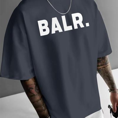 "TEMU Men's Summer Casual Short Sleeve T-shirt With "." Chest Print - Black & White Graphic Tee, Elastic Round Neck, Regular Fit, Machine Washable" Image