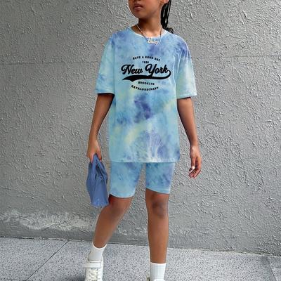 TEMU 2pcs Set, Girls' Clothing, Suitable For Tie-dye Printed Shorts Suit For Girls In Summer, Outdoor Image