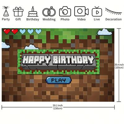TEMU 1pc Pixel Style Birthday Party Background Banner, Suitable For Birthday Party, Cake Table Banner, Photo Booth, Cartoon Game Party Background Decoration Supplies Gifts Image