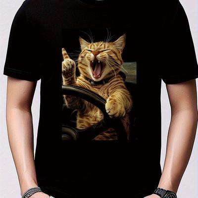 TEMU Men's Funny Cat 3d Print T-shirt – Humorous Driving Scene Design, Breathable 100% Cotton Short Sleeve Tee, Casual Round Neck Shirt For Summer & All , Machine Washable Image