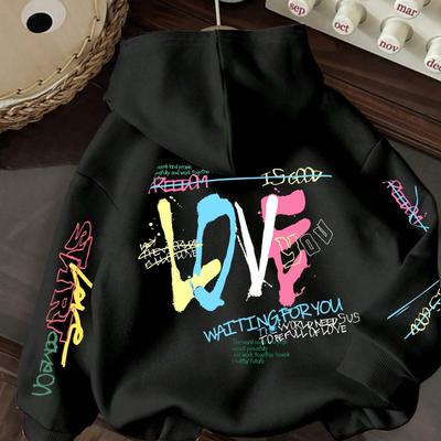 TEMU Women's Casual Graphic Print Hooded Sweatshirt - Colorful Graffiti With Inspirational Quotes, Adjustable Drawstring Hood, , Machine Washable, Cute Hoodies Image
