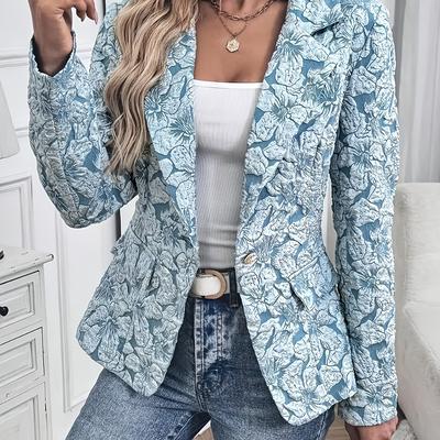 TEMU Women' Floral Print Blazer - Light Pink Single-breasted Jacket With Lapel Collar, Casual Spring/summer Outerwear For Casual Attire, Sophisticated Style Image
