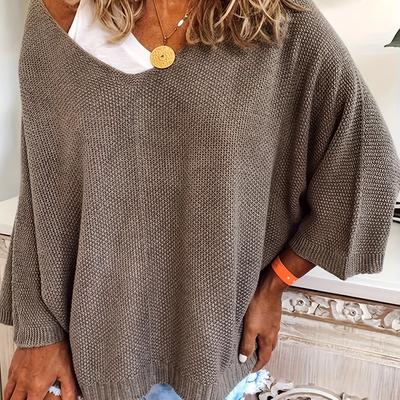TEMU Women's Casual V-neck Long Sleeve Sweater - Soft Solid Color Pullover Top For Spring & Fall, Cozy Layering Essential, Cute Sweater, Layering Piece, Design, Textured Fabric Image