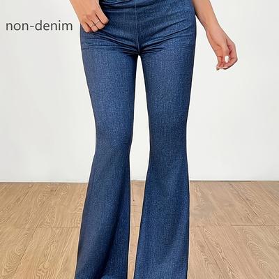 TEMU Women's Plus Size Elegant Flare Leg Pants - Stretch Denim Look, Dark Blue , High-waisted Bell Bottoms For Casual Wear, -season Style, Versatile Clothing | Comfortable Fashion Image