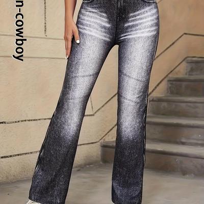 TEMU Women's Printed Flare Denim, 95% Polyester 5% Elastane, Skinny Fit Denim-like Bell Bottoms, Knit Fabric Weave, Adult Casual Pants Image