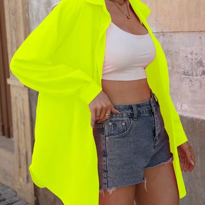 TEMU Women's Casual Long Sleeve Shirt, Solid Color Polyester 100%, Lapel Collar, Woven Fabric, 120g/m², Fall/winter Season, Adult Top Image