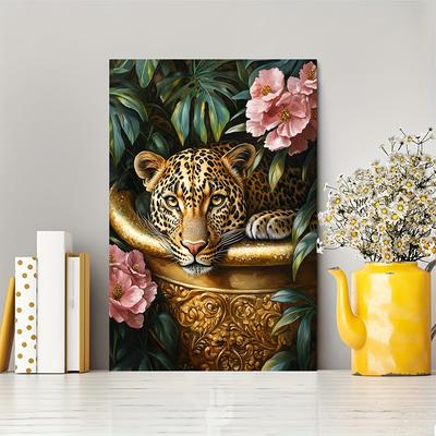 TEMU 1pc Vintage-style Leopard In Golden Bathtub Canvas Art Print, Framed Wall Decor With Pink Flowers And Luxurious Golden Accents - Decor Gift, Ready To Hang, Ready To Hang Artwork| Accent|ornate Image