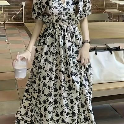 TEMU Women's Elegant Floral Print Midi Dress - Loose Fit, Short Sleeve, V-neck, No Belt, Summer Casual Dress For Adult, Casual Summer Dress | Floral Print Dress | Relaxed Fit Dress Image