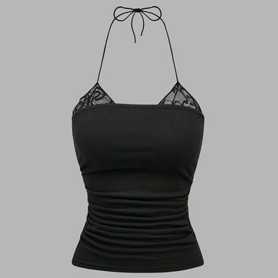 TEMU Women's Sexy Halter Neck Camisole Top - Stretchy Solid Black Elegant Fitted Shirt, Machine Washable Spring/fall Versatile Layering Essential Image