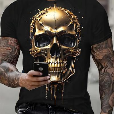 TEMU Mens 3d Golden Skull Graphic Tee - Soft Cotton, Short Sleeve, Round Neck - Casual Summer Fashion Top Image