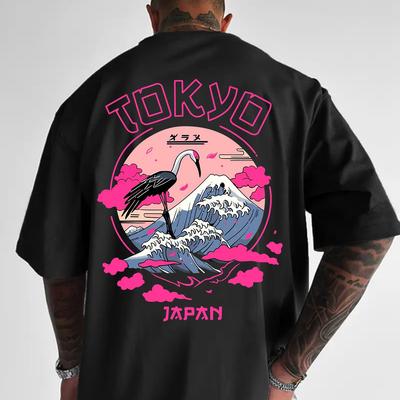 TEMU Tokyo-themed T-shirt Featuring Crane And Wave Designs - Made From Soft , Comfortable - An For Casual Wear And Travel, Plus Size Image