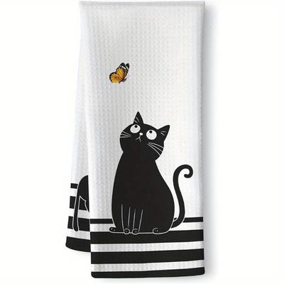TEMU 1pc Cat Kitchen Towel - 18x26 Inch, Soft Polyester, Black & White Striped Design With & , For Cat Lovers, Women’s Kitchen Or Bathroom Hand Towel, Kitchen Towels Hand Towels Image