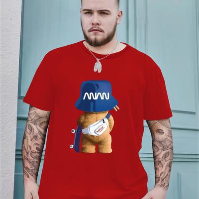 TEMU Men's Cartoon Bear T-shirt, Summer Trendy Short Sleeve Tees Tops For Males, Men's Clothing, Plus Size Image