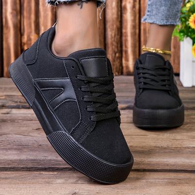 TEMU Women's Casual Athletic Sneakers - Black Low-top Lace-up Shoes With Rubber Sole, Fabric Insole & Lining, For Casual Attire Image