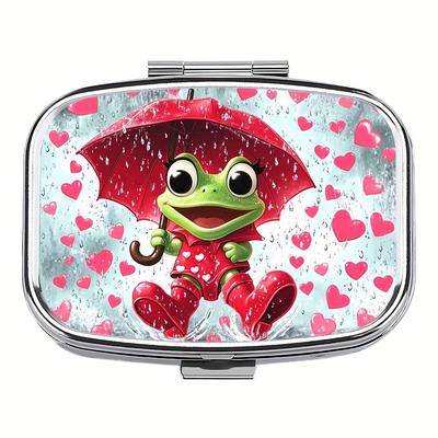 TEMU 1pc Frog Playing In Pill Box, Compact Pill Box With 2 Compartments - Portable & Decorative Metal Pill Organizer For Purse Or Travel, Mini Pill Organizer For Travel Or Daily Image