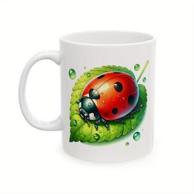 TEMU Ladybug Ceramic Mug, Red Body With Black Spots, Green Leaf With Dew Drops, Nature Lover Gift, Garden Decor, Insect Lover Mug, Cute Bug Cup, 11oz. Image