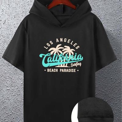 TEMU Men's Short-sleeve Hooded Graphic T-shirt - Los Angeles California Surfing Beach Paradise Print, Lightweight & Comfortable, Loose Fit, Summer Casual Wear, Beach & Image