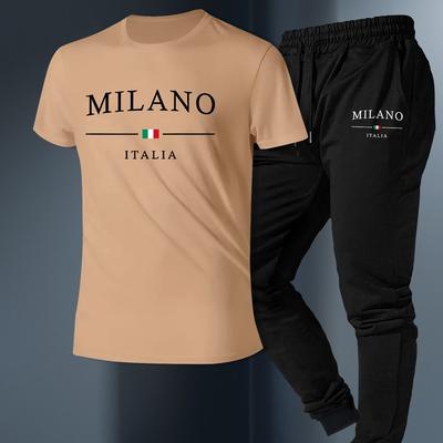TEMU Men's Casual Long Pants And Short-sleeved Suit, Men's Summer Beach Vacation Fashion Clothing Image