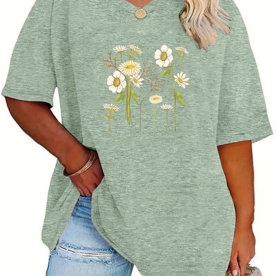 TEMU Plus Size Women's Casual V-neck T-shirt - Relaxed Drop Shoulder Short Sleeve Top With Letter Print & Daisy Applique, Fabric, Machine Washable, Image