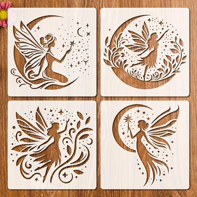 TEMU 4pcs Stencil For Painting On Wood Signs, 6 Inch With Wings Stencils Reusable, Plastic Girl With Moon Star Drawing Template For Wall Fabric Canvas Diy Art Projects Deco Image