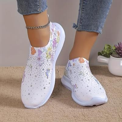 TEMU Women's Breathable Slip-on Sneakers With Cartoon Floral & - Lightweight Eva Cushioned Casual Shoes For Walking, Camping, , Ladies Sneakers, Comfortable , Fabric Upper Footwear Image