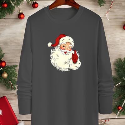 TEMU Men's Casual Christmas Santa Print Long Sleeve T-shirt - Gray Polyester , Holiday Graphics, Round Neck, Non-transparent, Apparel| Print Shirt|nontransparent Material Image