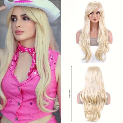 TEMU Light Golden Blonde Synthetic Wig With Side Bangs - Medium Length Curly Wave, Heat Resistant Fiber For Women's & Cosplay, Wigs For Daily Use Image