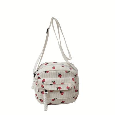 TEMU And Simple Printed Corduroy Mini Square Bag With A Cute Strawberry Pattern, A , Ideal For Shoulder Or Crossbody Wear. Image