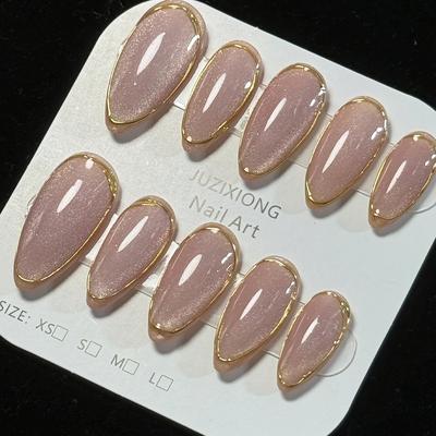 TEMU 10pcs Handmade Purple Cat-eye Glossy Press-on Nails - Almond Shape Medium Length False Nails With 3d & Metallic Golden Accents For Elegant Manicure Image