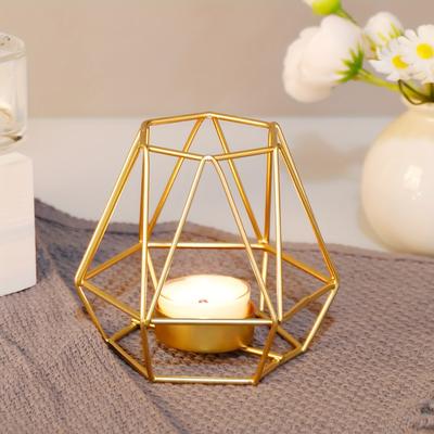 TEMU 1pc Golden Geometric Metal Candle Holder - Elegant Tabletop Decor For Weddings, Parties & Home, With Hollow Hexagonal Patterns, Sconces And Votive Candles, Candle Holder Decor Image