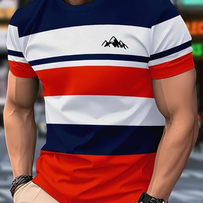 TEMU Men's Color Block Striped T-shirt With Mountain Graphic Print - Casual Short Sleeve Round Neck Tee, Machine Washable Regular Fit For Casual Attire, Durable Fabric Image