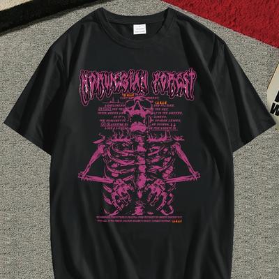 TEMU Pink Skull Summer Fashion Versatile Casual Bottoming Teen Men's Popular Printed T-shirt Image
