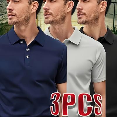 TEMU 3pcs Men's Summer Sports Shirts - Stylish Solid Color Short Sleeve Tops With Collar, Comfortable Fabric For Casual, Workout, Running, Travel & Business Trips, Short Sleeve Tops Image