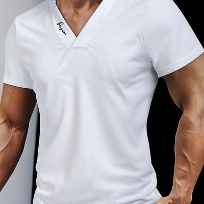 TEMU Men's Casual V-neck Henley Shirt - Summer Knit Polyester Top With Alphabet Pattern, Short Sleeve, Stretch, Color , Regular Fit, Outdoor Sports & Weekend Casual Wear Image
