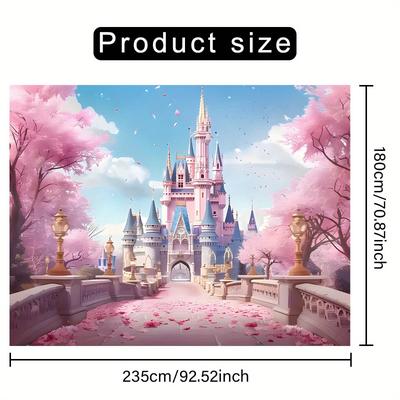 TEMU 1pc Fairy Castle Polyester Backdrop With Cherry Blossoms - Ideal For Photography, Live Streaming, Party & Garden Decorations - & Reusable For Indoor/outdoor Use, Fairy Garden Decorations Image