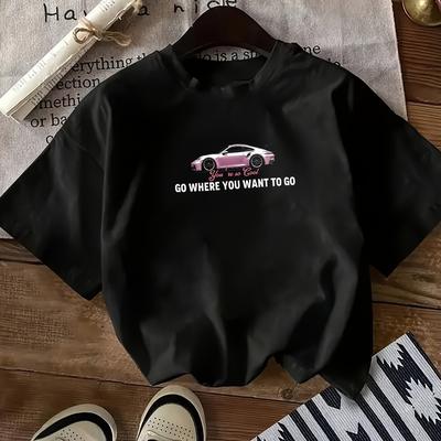"TEMU Women' "go Where To Go" Car Graphic T-shirt - Casual, , With Pink , Spring/summer/fall, Casual Wear Tee | Print Top | , Ladies T Shirts" Image