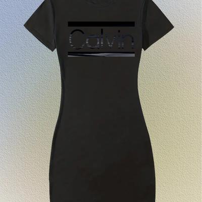 "TEMU Chic Black Mini Dress With "stepping Into " Print - Casual Crew Neck, Short Sleeve, Stretchy Polyester Blend, Machine Washable -" Image