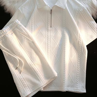 TEMU Retro Style 2pcs Men's Casual Summer Outfit Suits, Geometric Short Sleeve Lapel Shirt Top And Shorts Suit Image