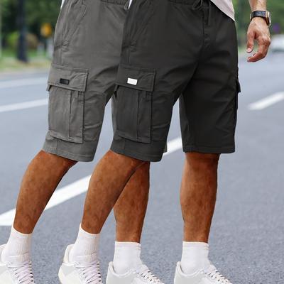 TEMU 2pcs Men's Casual Cargo Shorts, Solid Color Drawstring Shorts With Multiple Pockets, Non-stretch Fabric For Hiking & Outdoor Activitie Image
