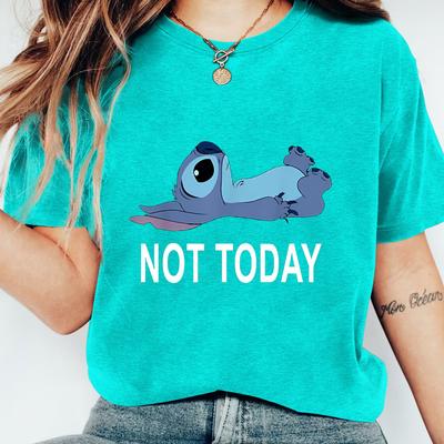 TEMU Stitch 'not Today' Cartoon Graphic Tee - Red Casual Unisex Shirt For , Soft Polyester Blend, Machine Washable, Trendy Outfits, Family Shirts