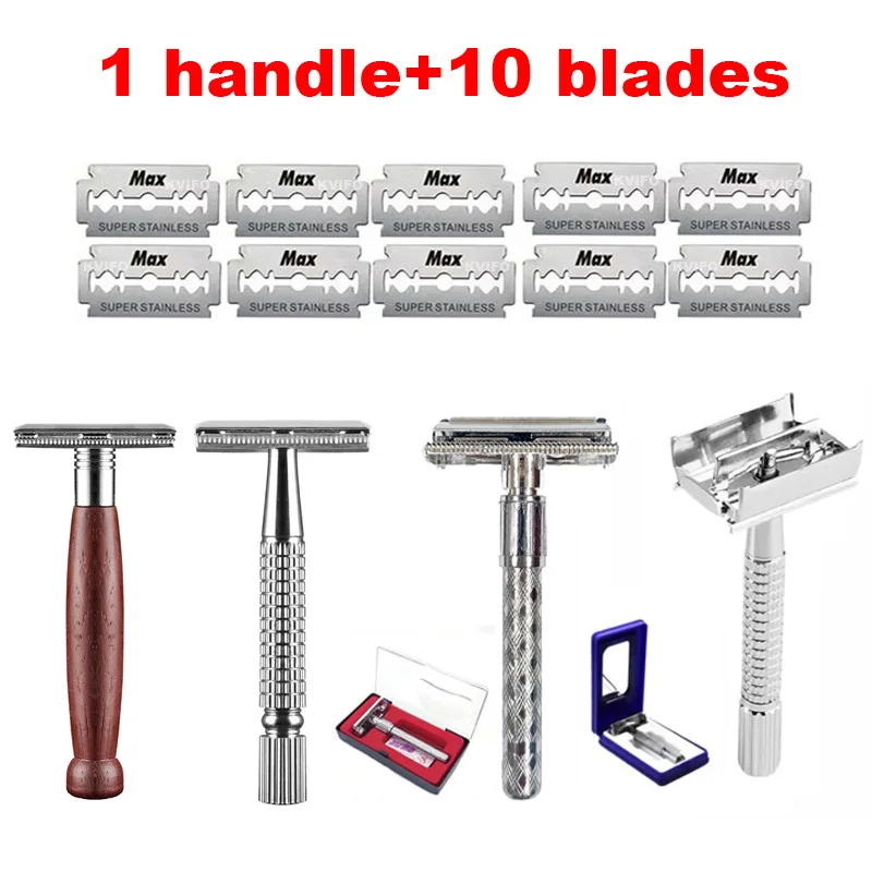 1 + 10 Männer Rasieren Rasiermesser mit Klinge Splitter Klapp Rasiermesser Gesichts Haar Edelstahl/Holz Rasiermesser Halter rasieren Image