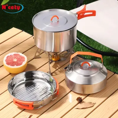 Outdoor cookware 304 stainless steel camping set cookware three-piece set soup pot, kettle and set