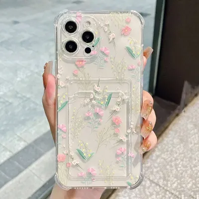 Stylish Spring Pink Flower Print Card Holder Phone Case For iPhone 15 Cases iPhone 16 Pro Max 14 13 12 11 XS X XR 7 8 Plus Cover