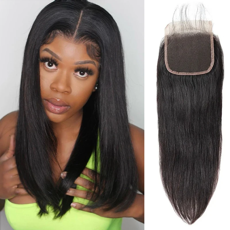 Natürliche Spitze, 4 x 4 Spitzenverschluss, gerader natürlicher schwarzer Echthaarverschluss mit Babyhaar für Frauen Image